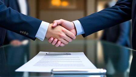 Professional meeting room with hands shaking over a contract